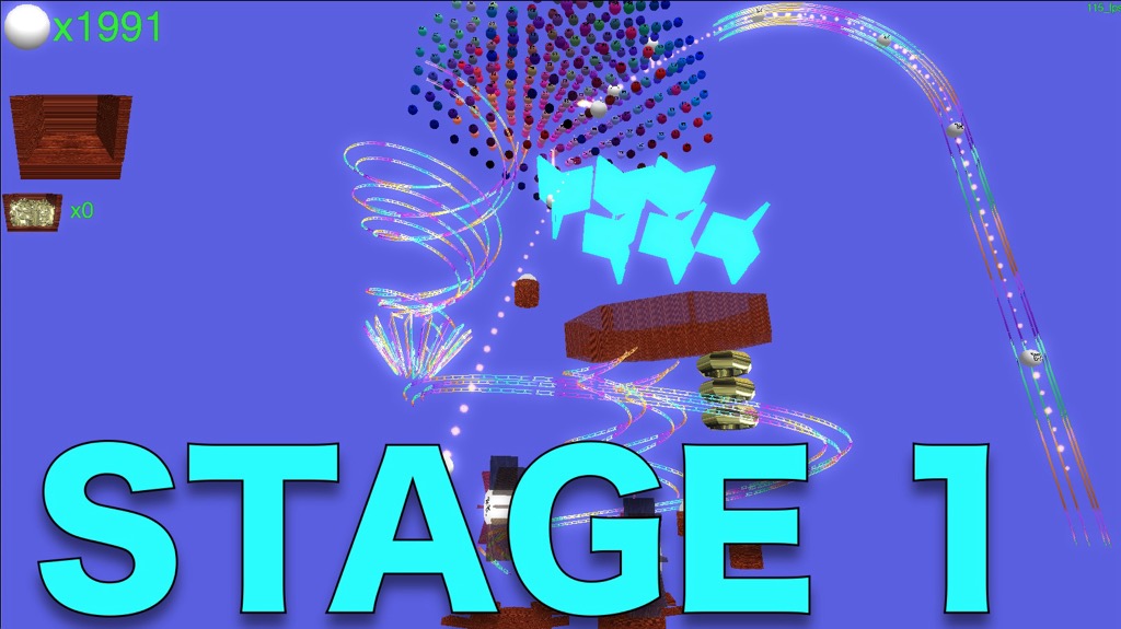 RogaBall stage 1: balls arcing down past wooden platforms and targets